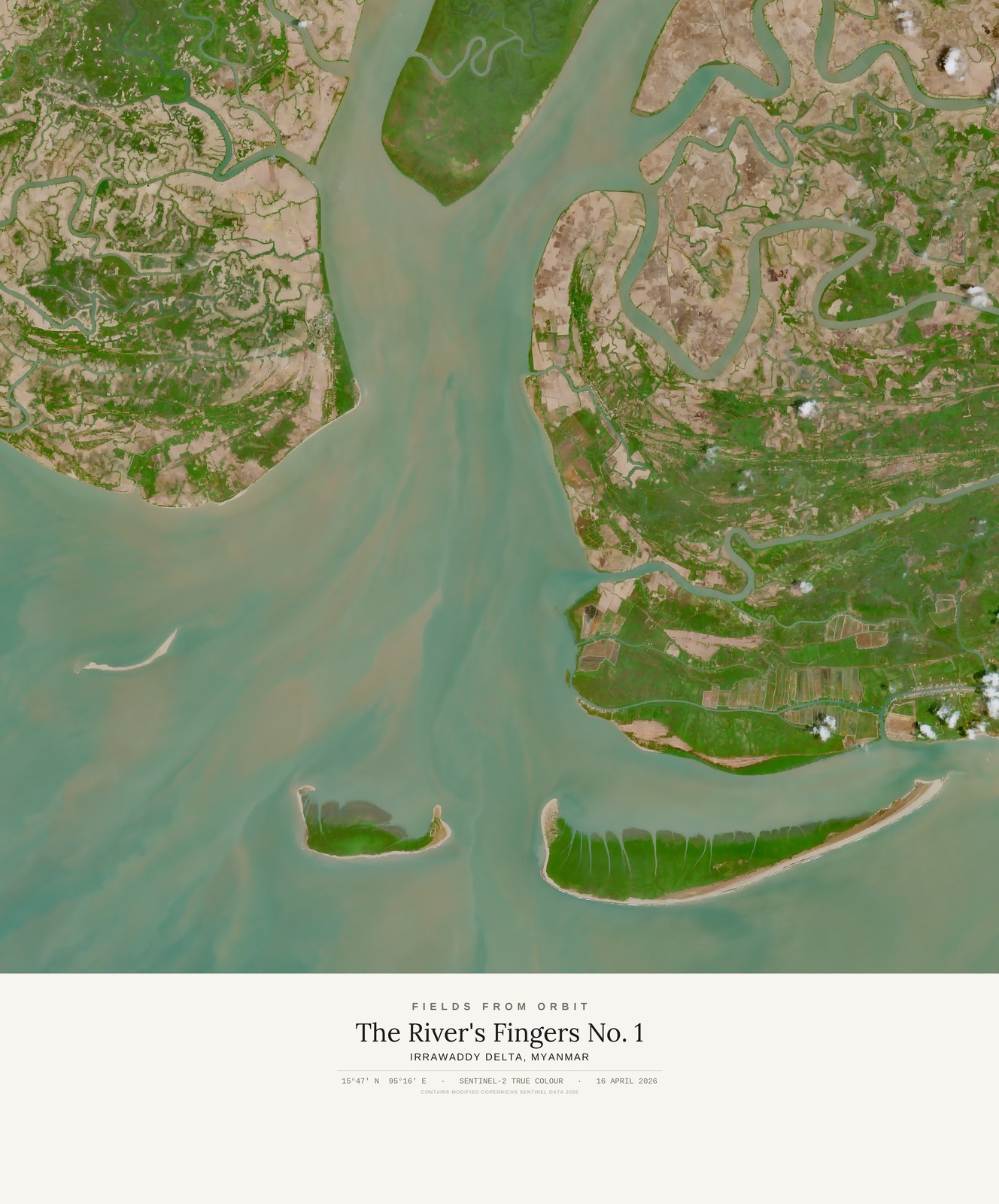 The River's Fingers No. 1 — satellite art print of Irrawaddy Delta · Myanmar, shown with its museum label