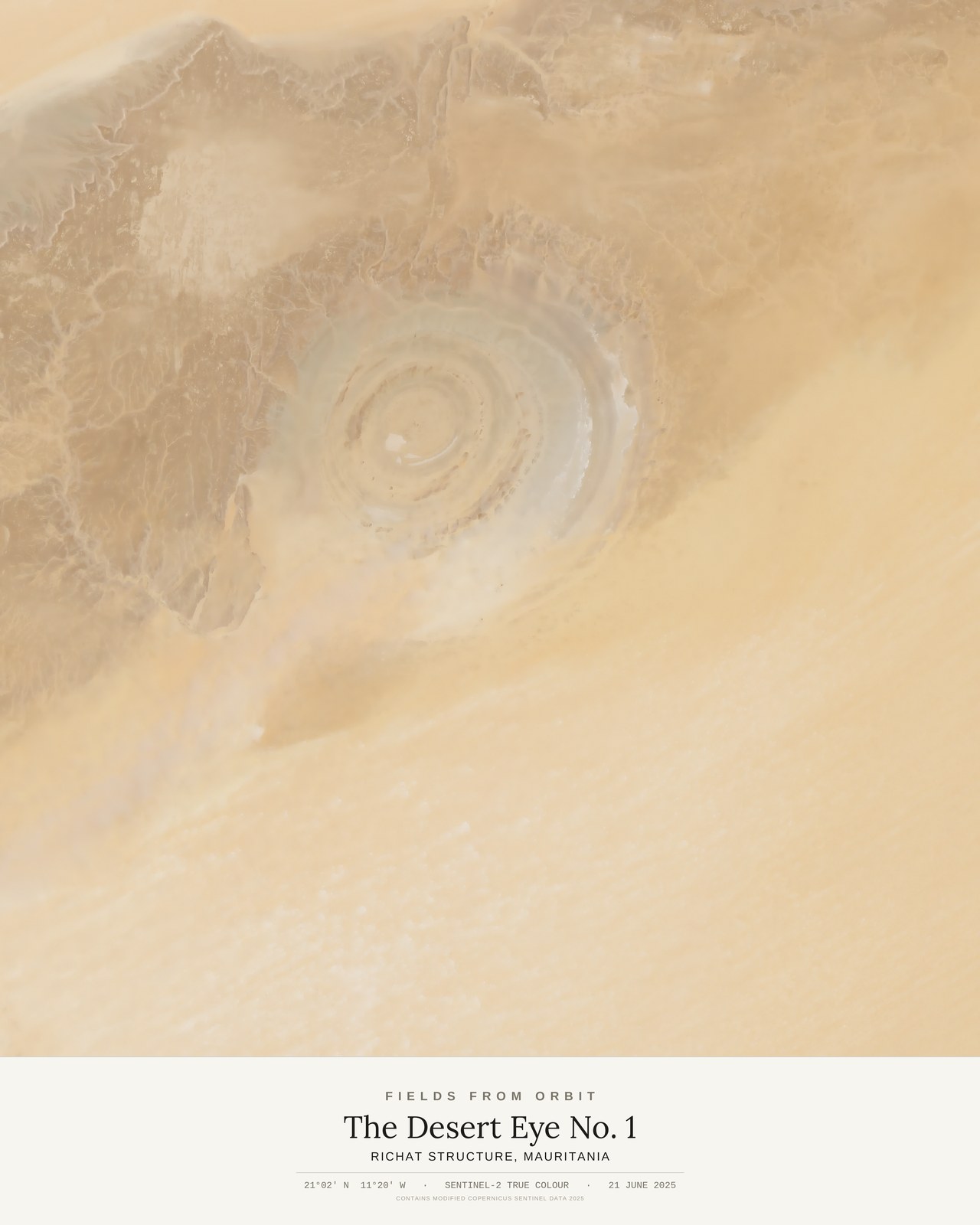 The Desert Eye No. 1 — satellite art poster of Richat Structure, Mauritania, shown with its museum label