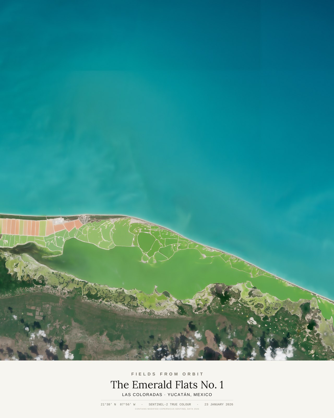 The Emerald Flats No. 1 — satellite art poster of Las Coloradas, Yucatán, Mexico, shown with its museum label