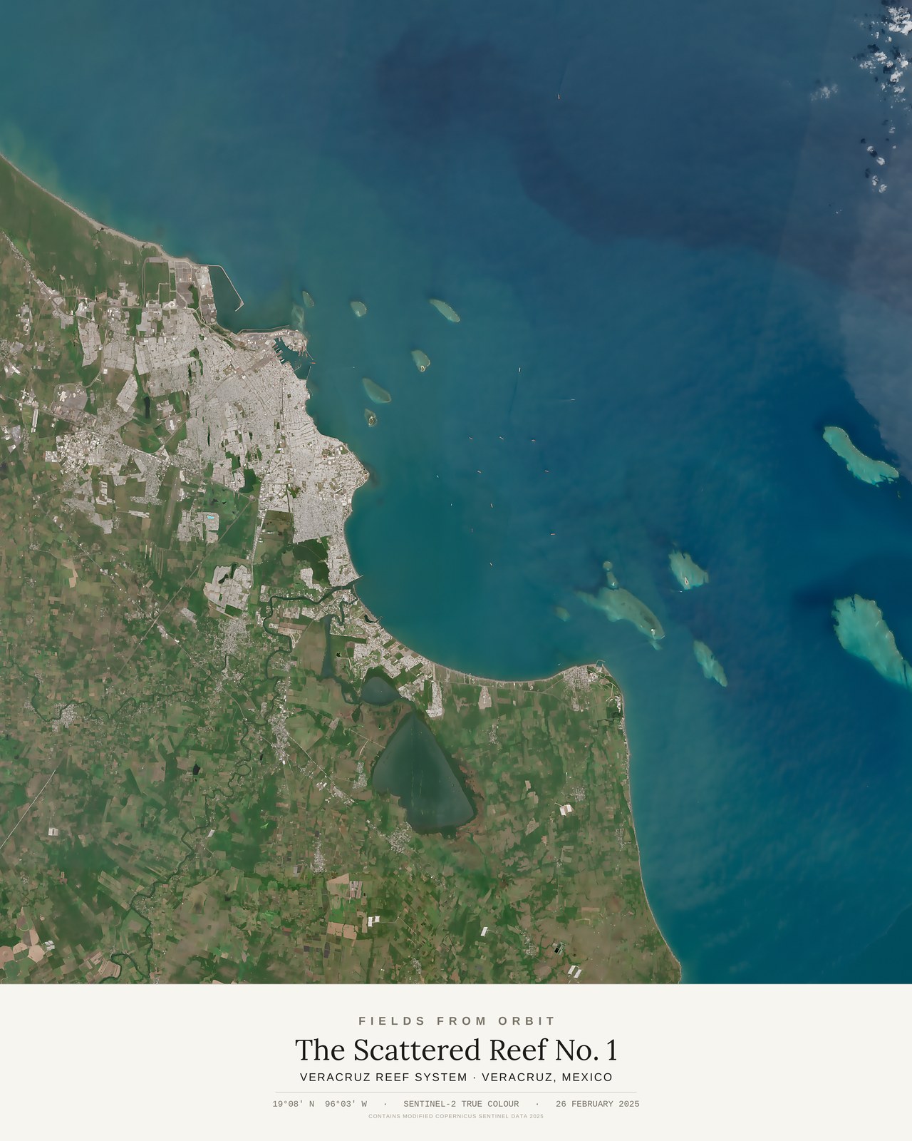 The Scattered Reef No. 1 — satellite art poster of Veracruz Reef System, Veracruz, Mexico, shown with its museum label