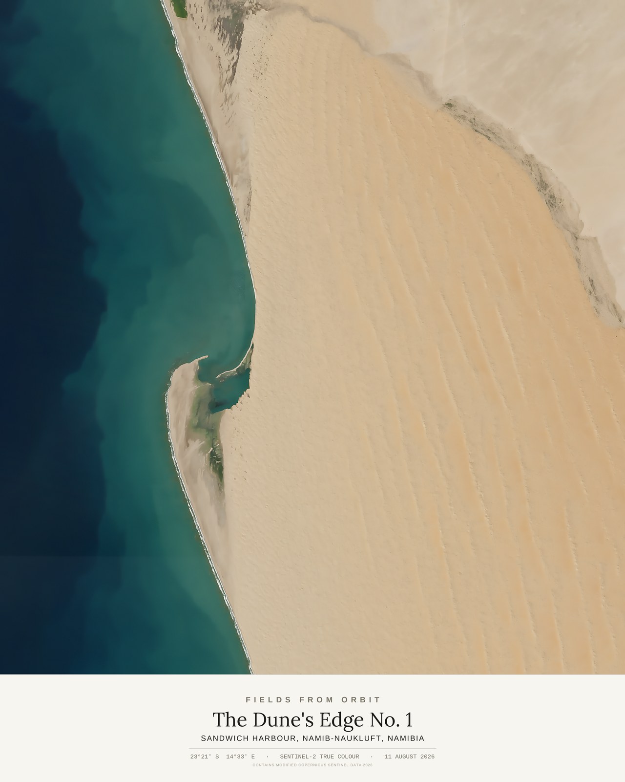 The Dune's Edge No. 1 — satellite art poster of Sandwich Harbour, Namib-Naukluft, Namibia, shown with its museum label