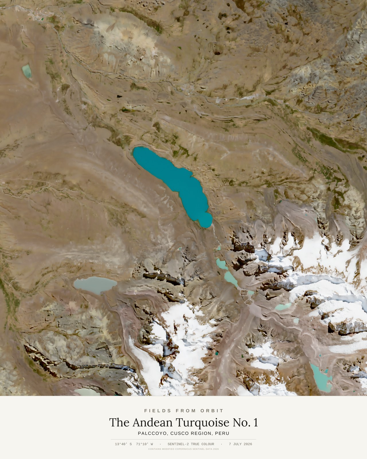 The Andean Turquoise No. 1 — satellite art poster of Palccoyo, Cusco region, Peru, shown with its museum label