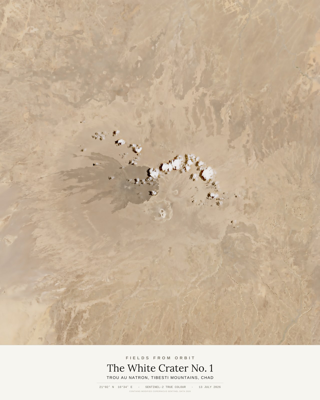 The White Crater No. 1 — satellite art poster of Trou au Natron, Tibesti Mountains, Chad, shown with its museum label