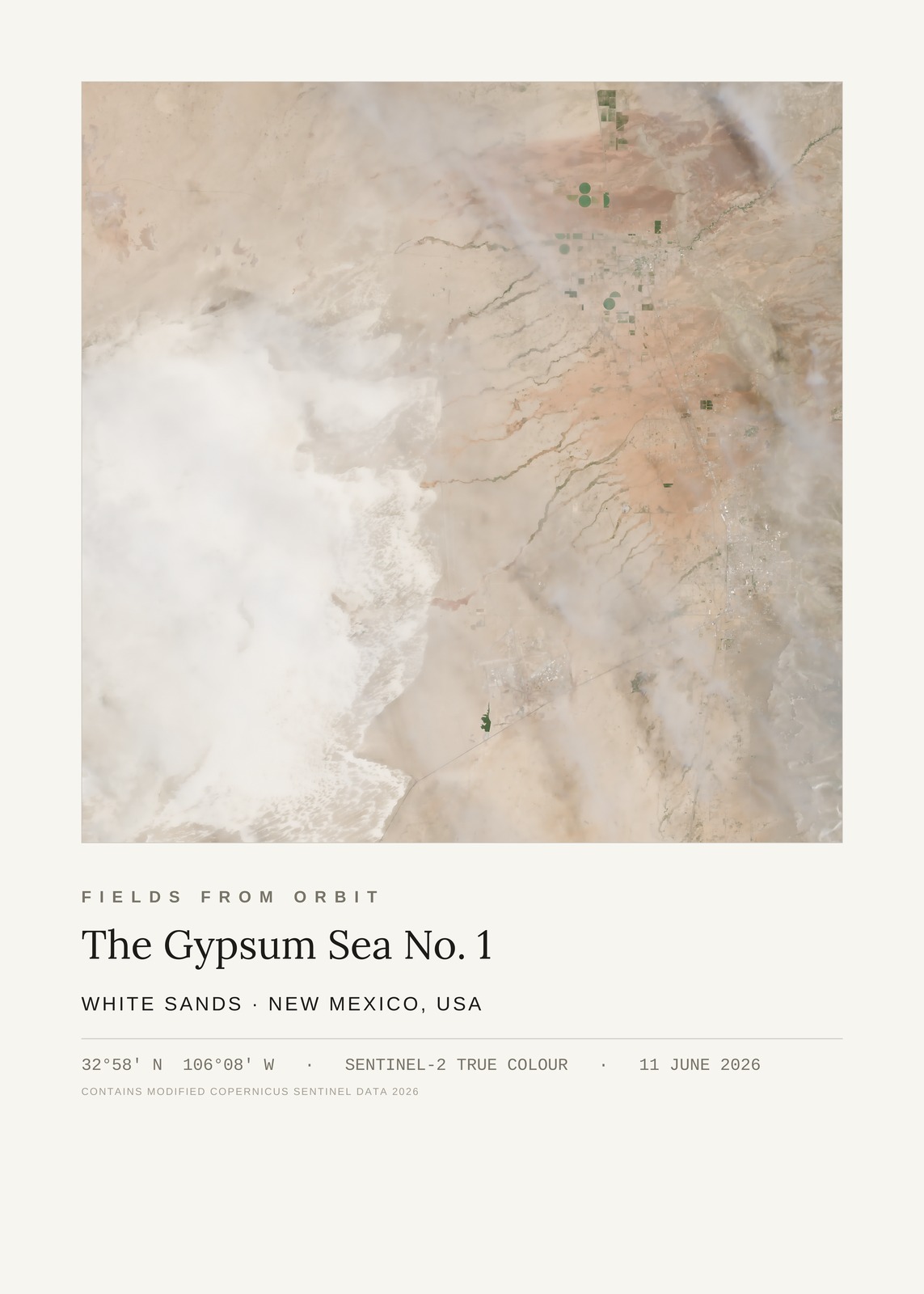 The Gypsum Sea No. 1 — satellite art poster of White Sands, near Alamogordo, New Mexico, USA, shown with its museum label