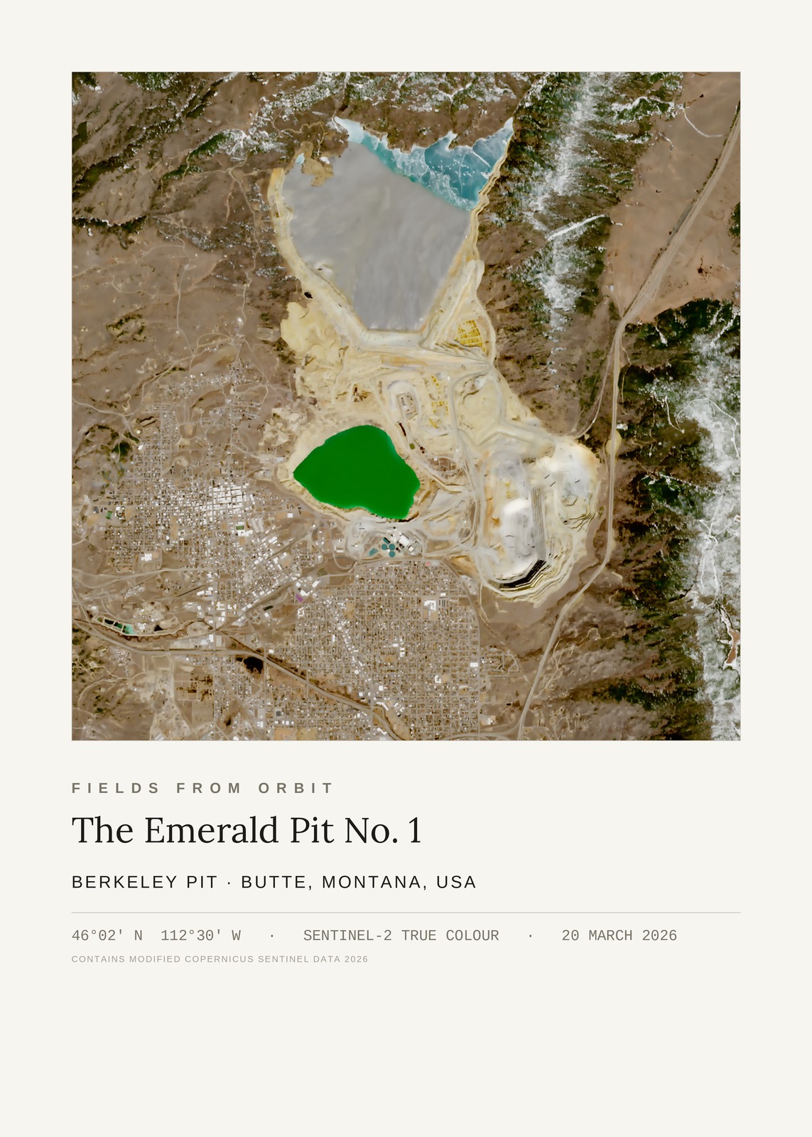 The Emerald Pit No. 1 — satellite art poster of Berkeley Pit, Butte, Montana, USA, shown with its museum label