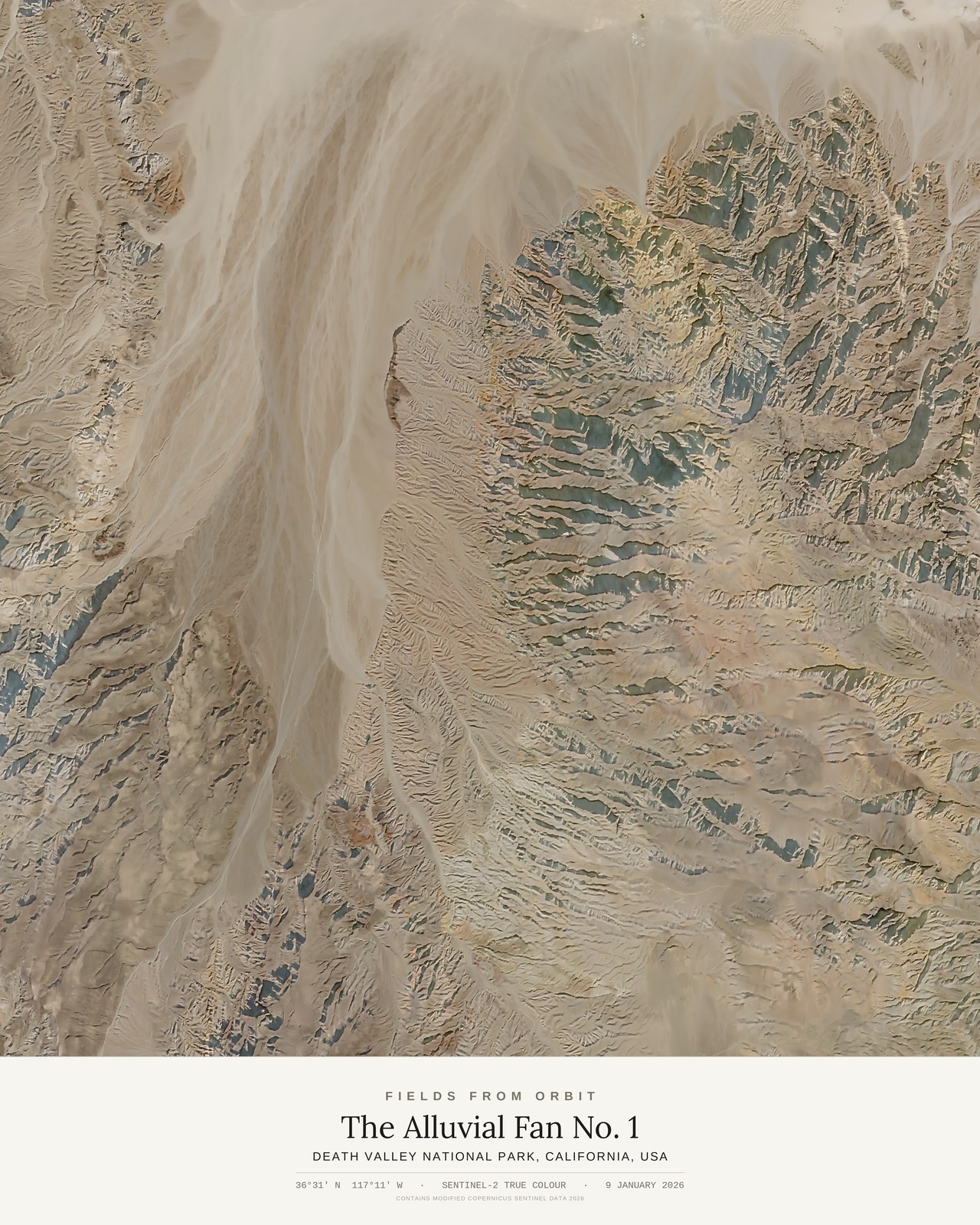 The Alluvial Fan No. 1 — satellite art poster of Death Valley National Park, California, USA, shown with its museum label