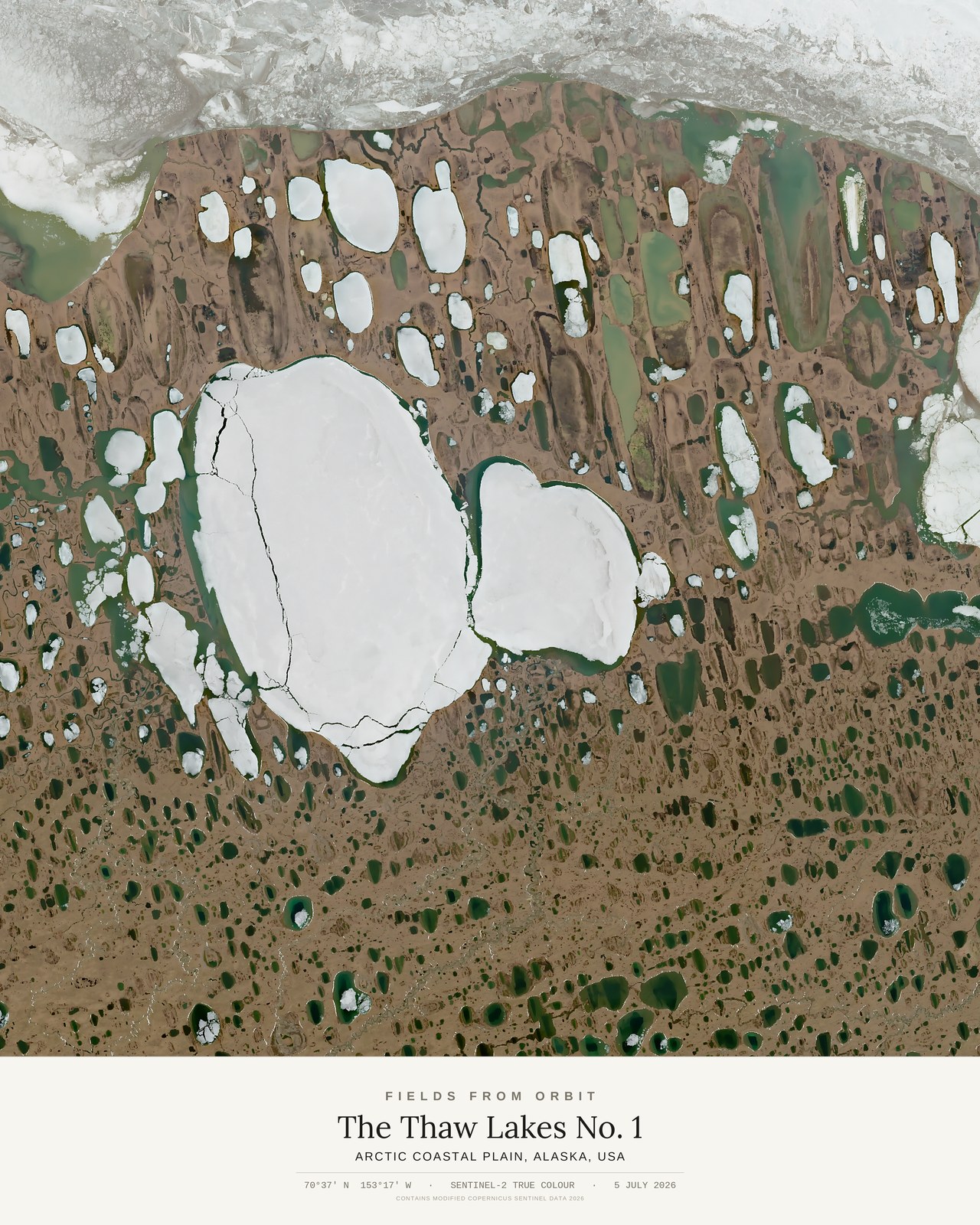 The Thaw Lakes No. 1 — satellite art poster of Arctic Coastal Plain, Alaska, USA, shown with its museum label