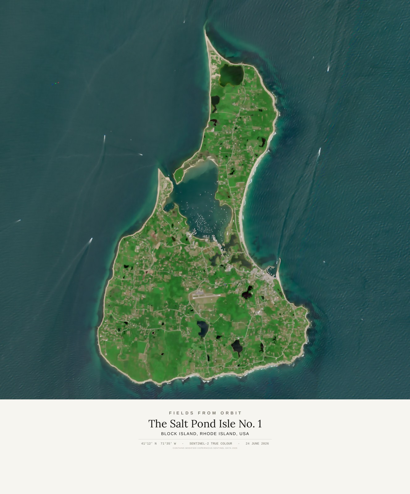 The Salt Pond Isle No. 1 — satellite art print of Block Island · Rhode Island, USA, shown with its museum label