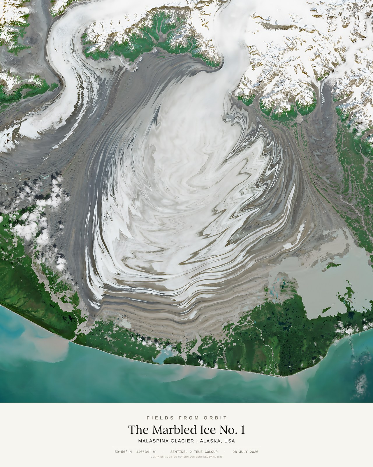 The Marbled Ice No. 1 — satellite art poster of Malaspina Glacier, Alaska, USA, shown with its museum label