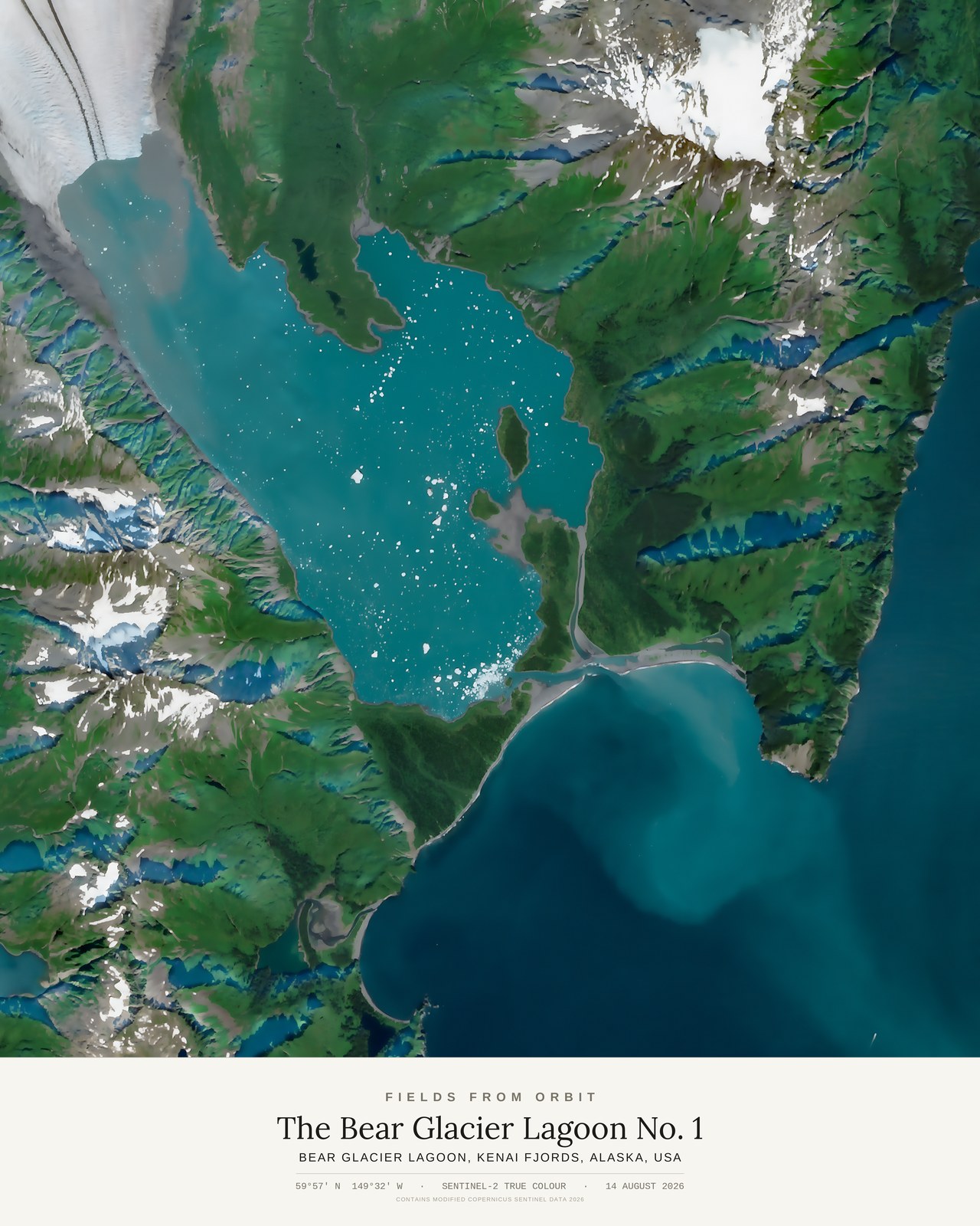 The Bear Glacier Lagoon No. 1 — satellite art poster of Bear Glacier Lagoon, Kenai Fjords, Alaska, USA, shown with its museum label