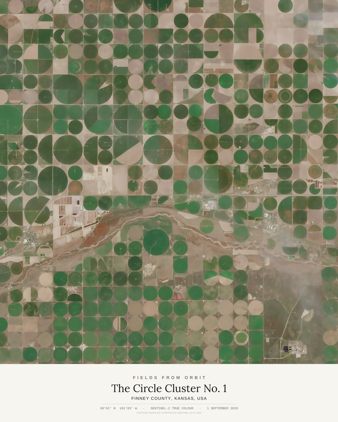 The Circle Cluster No. 1 — satellite art poster of Finney County, Kansas, USA, shown with its museum label