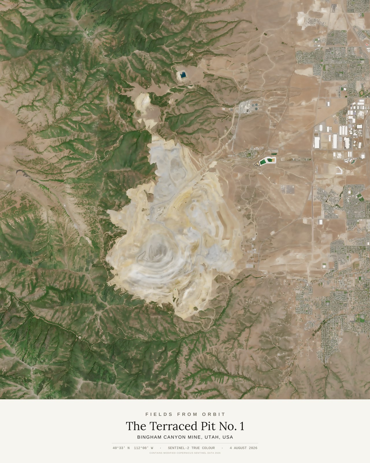 The Terraced Pit No. 1 — satellite art poster of Bingham Canyon Mine, Utah, USA, shown with its museum label
