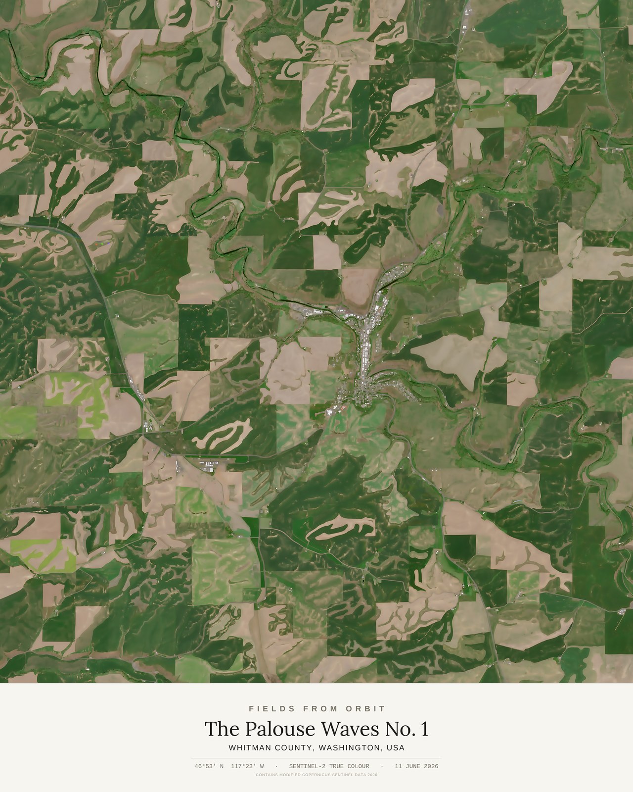 The Palouse Waves No. 1 — satellite art poster of Whitman County, Washington, USA, shown with its museum label