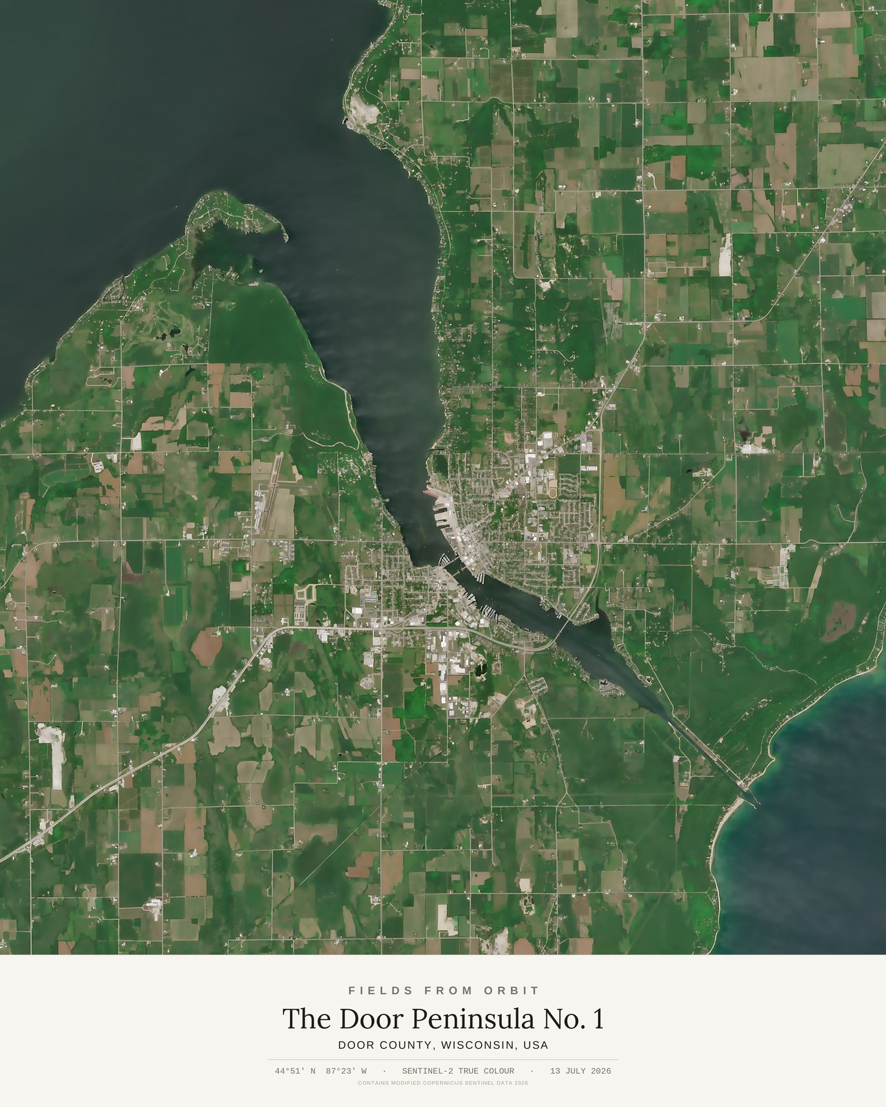 The Door Peninsula No. 1 — satellite art poster of Door County, Wisconsin, USA, shown with its museum label
