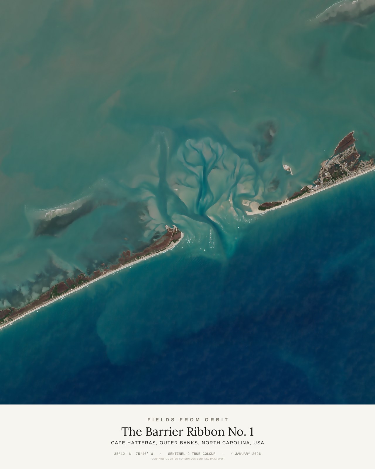 The Barrier Ribbon No. 1 — satellite art poster of Cape Hatteras, Outer Banks, North Carolina, USA, shown with its museum label