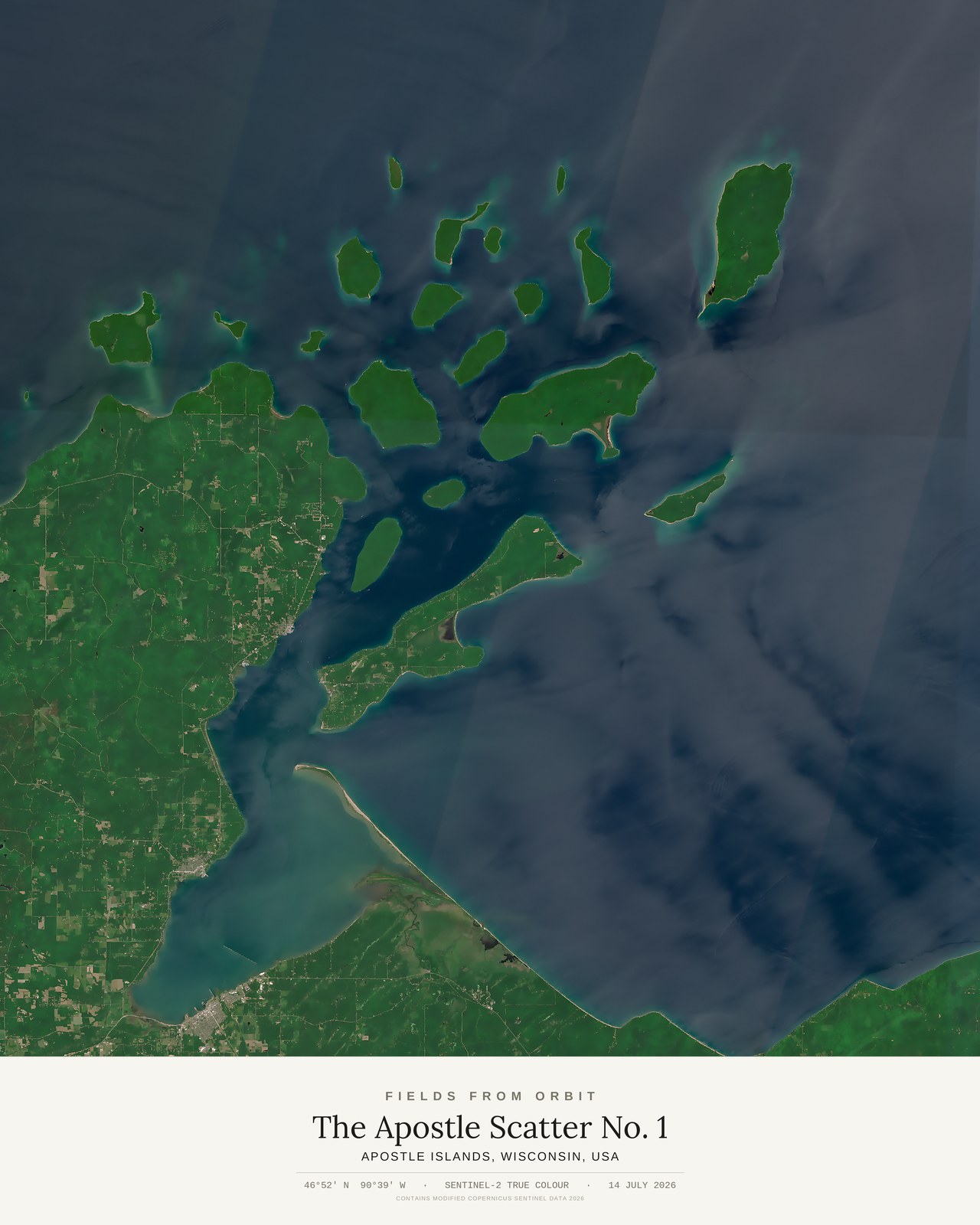 The Apostle Scatter No. 1 — satellite art poster of Apostle Islands, Wisconsin, USA, shown with its museum label