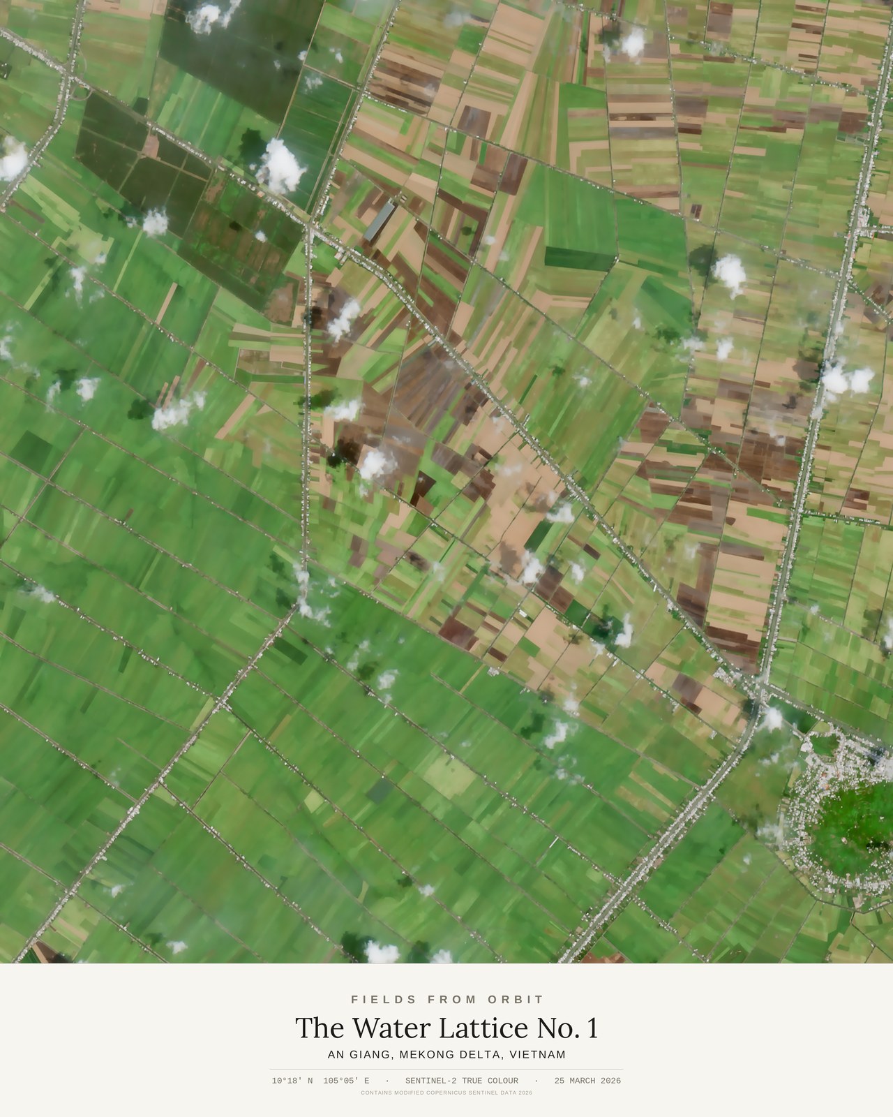 The Water Lattice No. 1 — satellite art poster of An Giang, Mekong Delta, Vietnam, shown with its museum label
