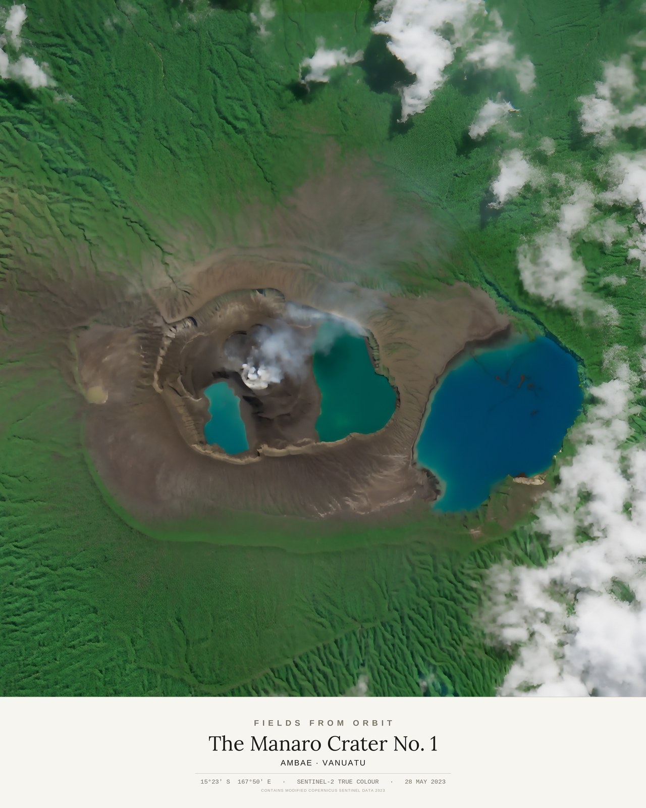 The Manaro Crater No. 1 — satellite art poster of Ambae, Vanuatu, shown with its museum label
